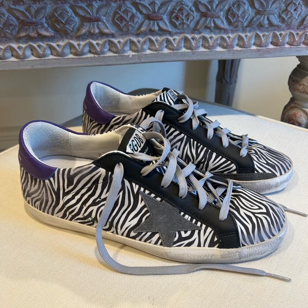 Golden Goose Super Star with Suede with purple heel tab.